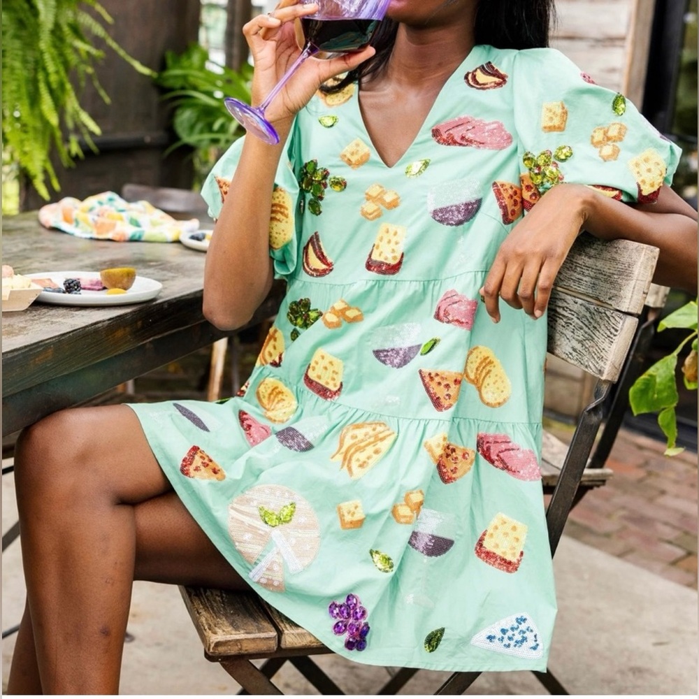 QUEEN OF SPARKLES Mint Green Dress with Colorful Food Patterns